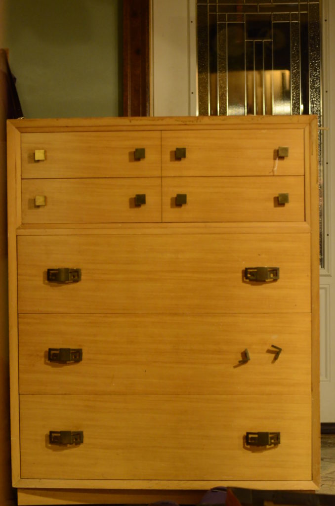 milk paint, MCM, mid-century modern, stripping, refinishing, brass hardware, original hardware