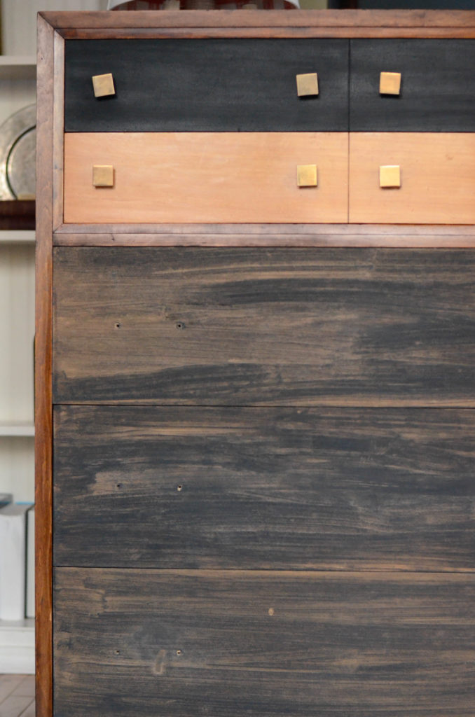 milk paint, MCM, mid-century modern, stripping, refinishing, brass hardware, original hardware