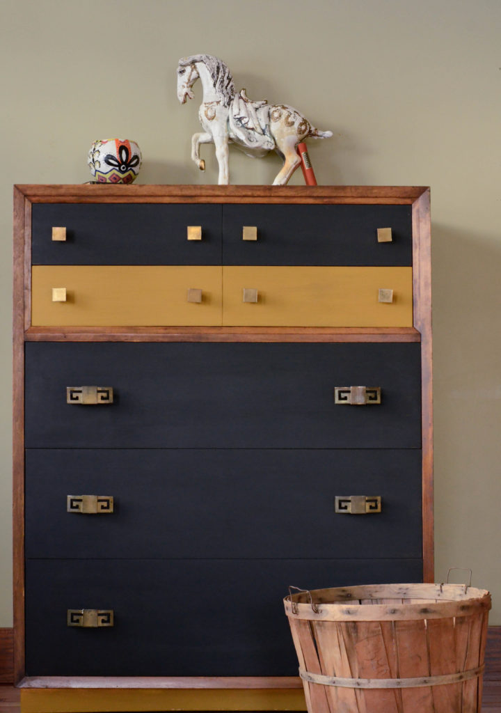 A mid-century dresser painted for a custom client with interesting brass hardware. From Queen Patina. Click through to read the whole story!