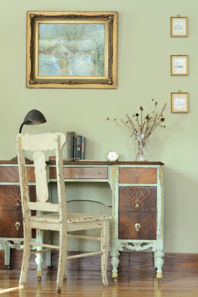 An old, beaten-down vanity received a new look and new lease on life via some milk paint and a lovely new owner.