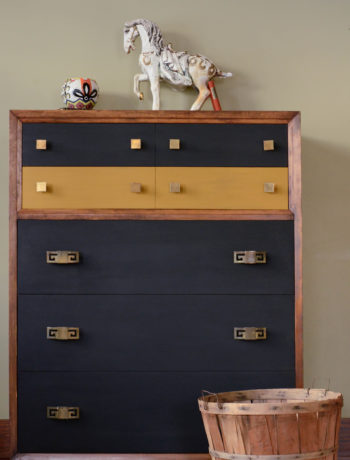 A mid-century dresser painted for a custom client with interesting brass hardware. From Queen Patina. Click through to read the whole story!